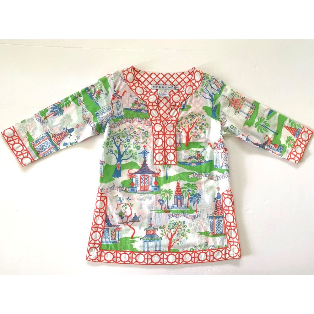 Gretchen Scott Chinoiserie Pagoda Tunic Top XS 0 2 cotton 3/4 sleeves